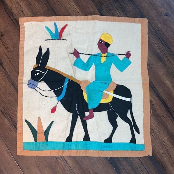 Set of Two Rare Handcrafted Egyptian Silk Cotton Wall Hangings Camel and Donkey - Picture 5 of 6